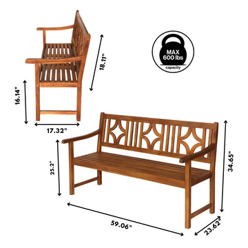 Sloane Ogee Diamond-Back 600-Lbs Support Acacia Wood Outdoor Garden Patio Bench - JONATHAN Y